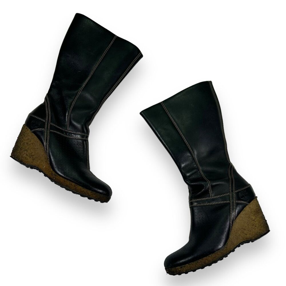Timberland Leather Calf High Wedge Boots Women's 6.5 black